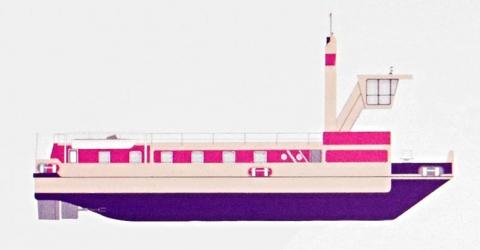 Grafický návrh traťového remorkéru, dizajn: Ján Čalovka, Slovenské lodenice Komárno, 1974